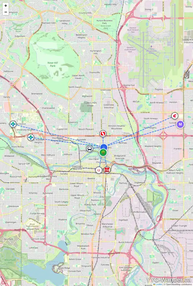 Daily accessibility map for 126 8 AV NE, Calgary showing nearby schools, grocery stores, parks, LRT stations and nearby amenities