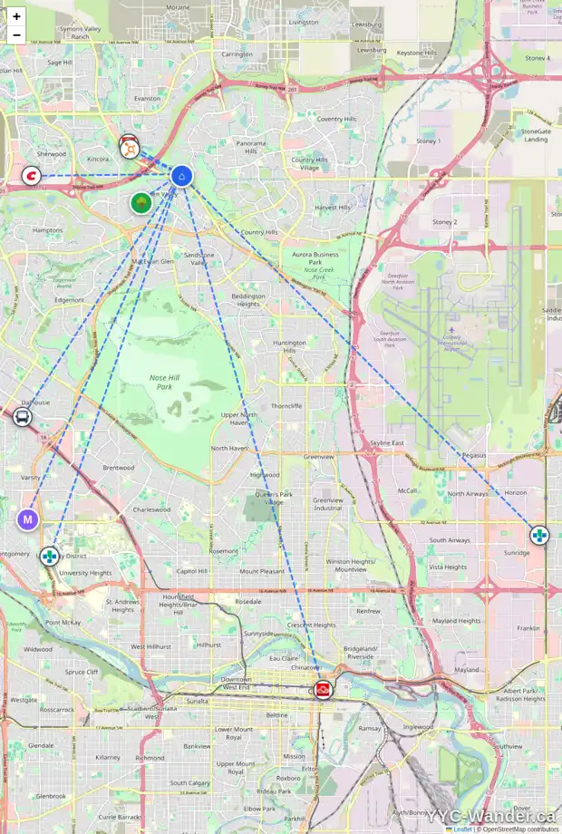 Daily accessibility map for 27 HIDDEN CREEK PL NW, Calgary showing nearby schools, grocery stores, parks, LRT stations and nearby amenities
