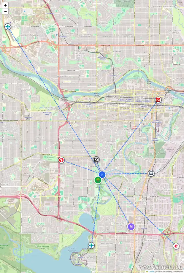 Daily accessibility map for 4103 CRESTVIEW RD SW, Calgary showing nearby schools, grocery stores, parks, LRT stations and nearby amenities