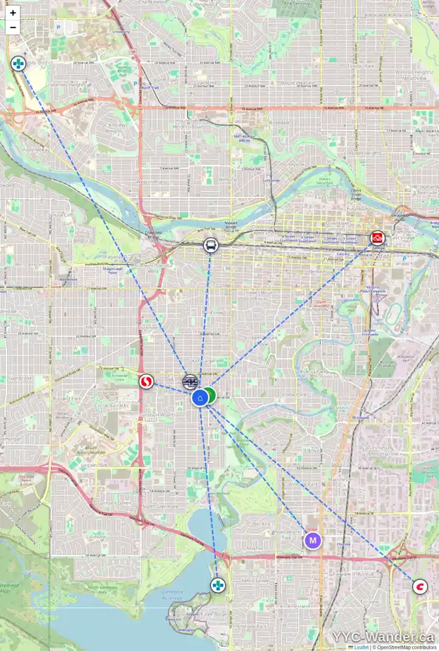 Daily accessibility map for 3824 17 ST SW, Calgary showing nearby schools, grocery stores, parks, LRT stations and nearby amenities