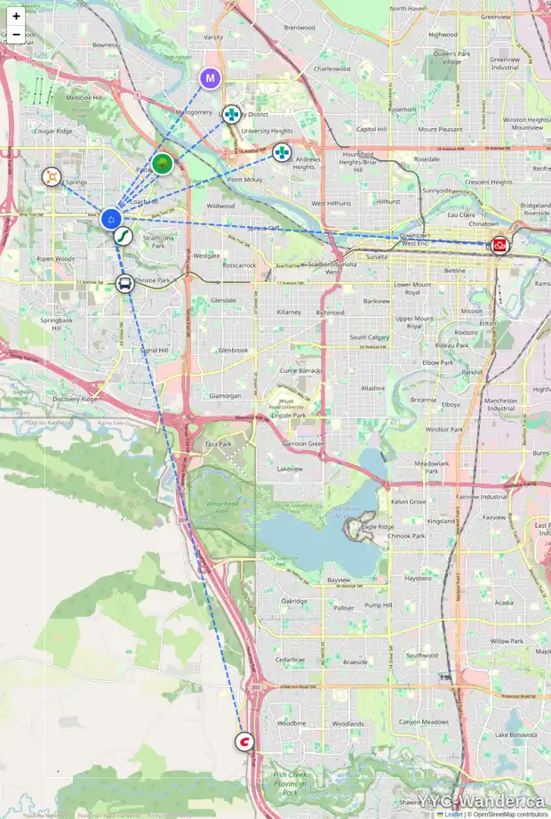 Daily accessibility map for 159 STRATHRIDGE PL SW, Calgary showing nearby schools, grocery stores, parks, LRT stations and nearby amenities