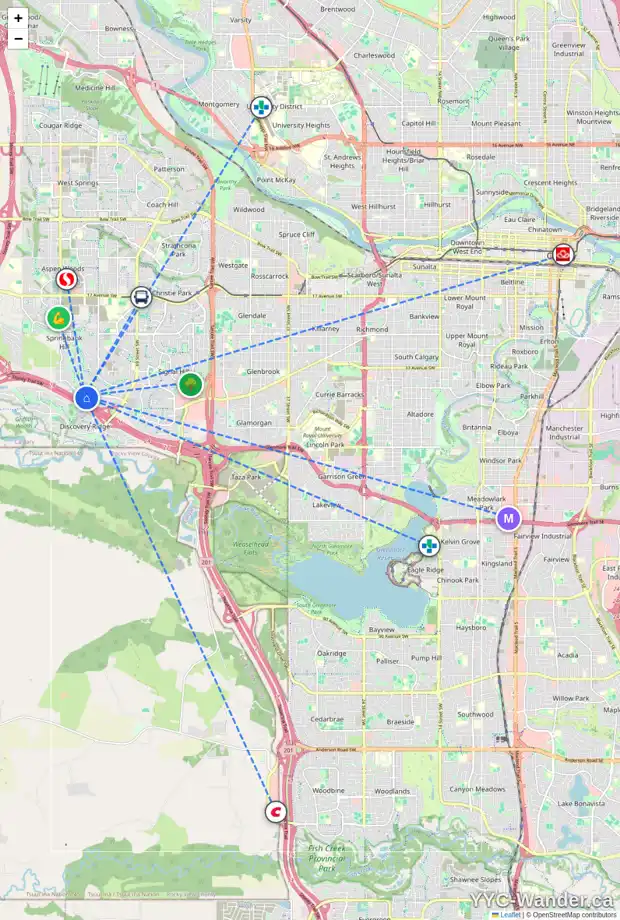 Daily accessibility map for 319 SPRINGBANK PL SW, Calgary showing nearby schools, grocery stores, parks, LRT stations and nearby amenities