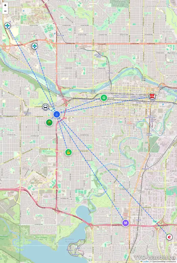 Daily accessibility map for 1719 24 ST SW, Calgary showing nearby schools, grocery stores, parks, LRT stations and nearby amenities