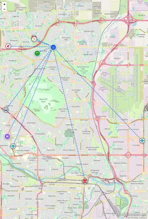 Daily accessibility map for 81 HIDDEN CREEK PA NW, Calgary showing nearby schools, grocery stores, parks, LRT stations and nearby amenities