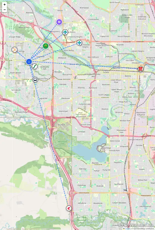 Daily accessibility map for 59 STRATHRIDGE WY SW, Calgary showing nearby schools, grocery stores, parks, LRT stations and nearby amenities