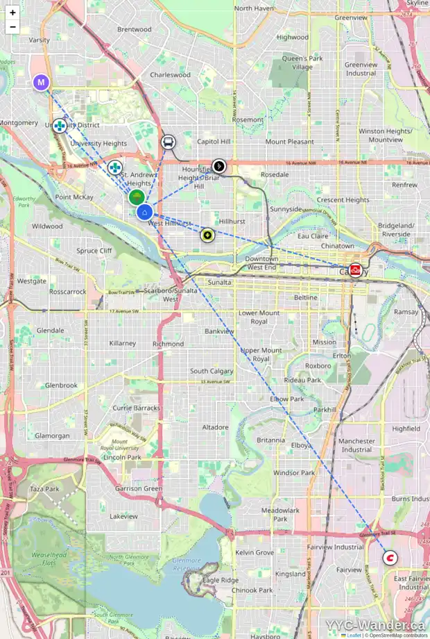 Daily accessibility map for 2703 6 AV NW, Calgary showing nearby schools, grocery stores, parks, LRT stations and nearby amenities
