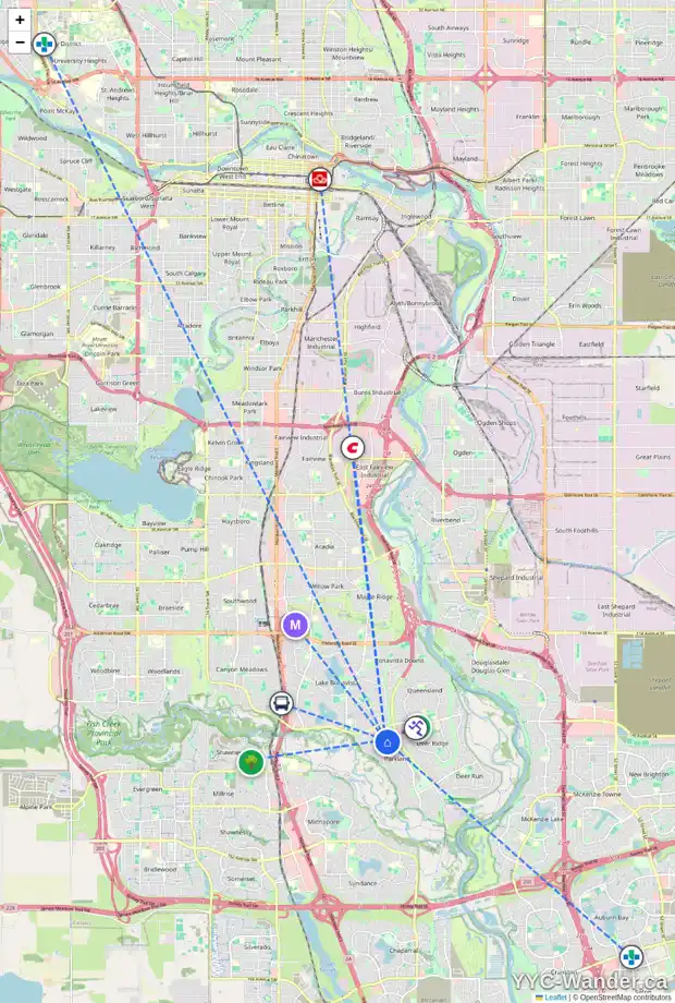 Daily accessibility map for 13863 PARKLAND BV SE, Calgary showing nearby schools, grocery stores, parks, LRT stations and nearby amenities
