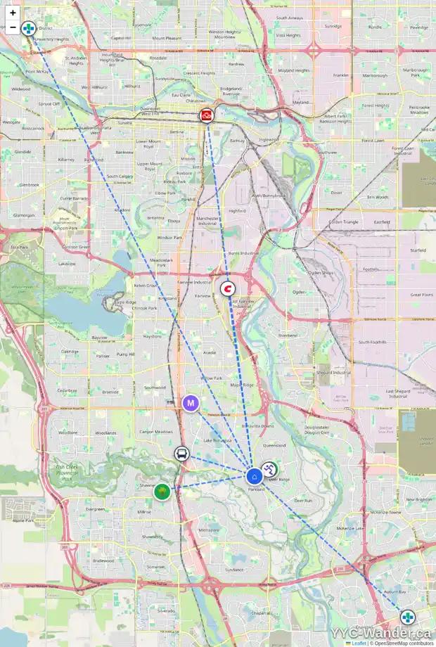 Daily accessibility map for 1027 PARKWOOD WY SE, Calgary showing nearby schools, grocery stores, parks, LRT stations and nearby amenities