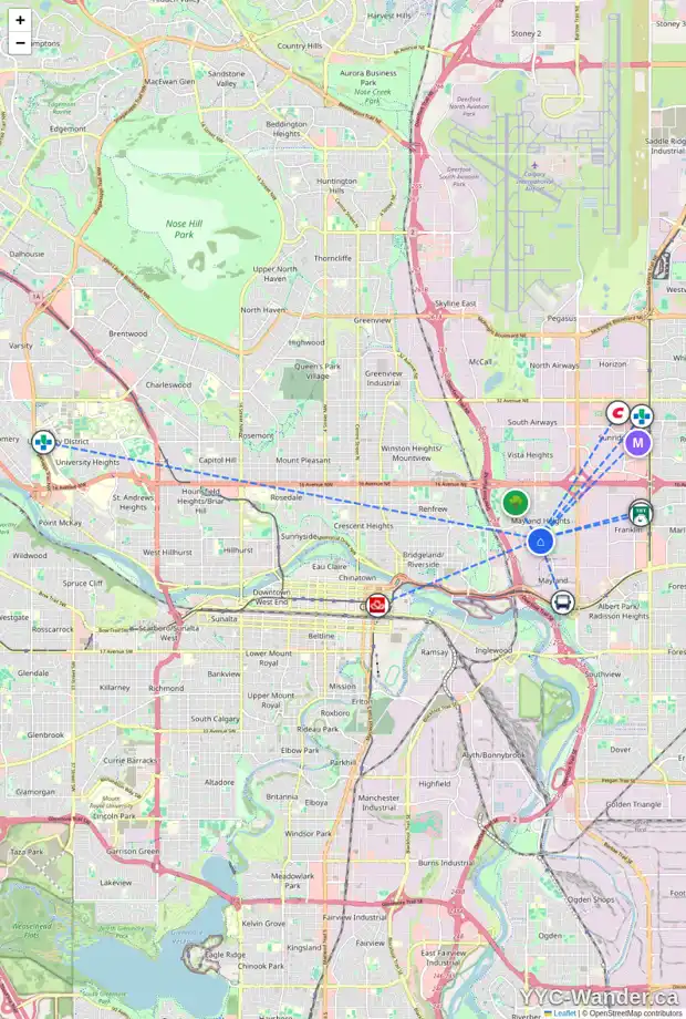 Daily accessibility map for 615 19 ST NE, Calgary showing nearby schools, grocery stores, parks, LRT stations and nearby amenities
