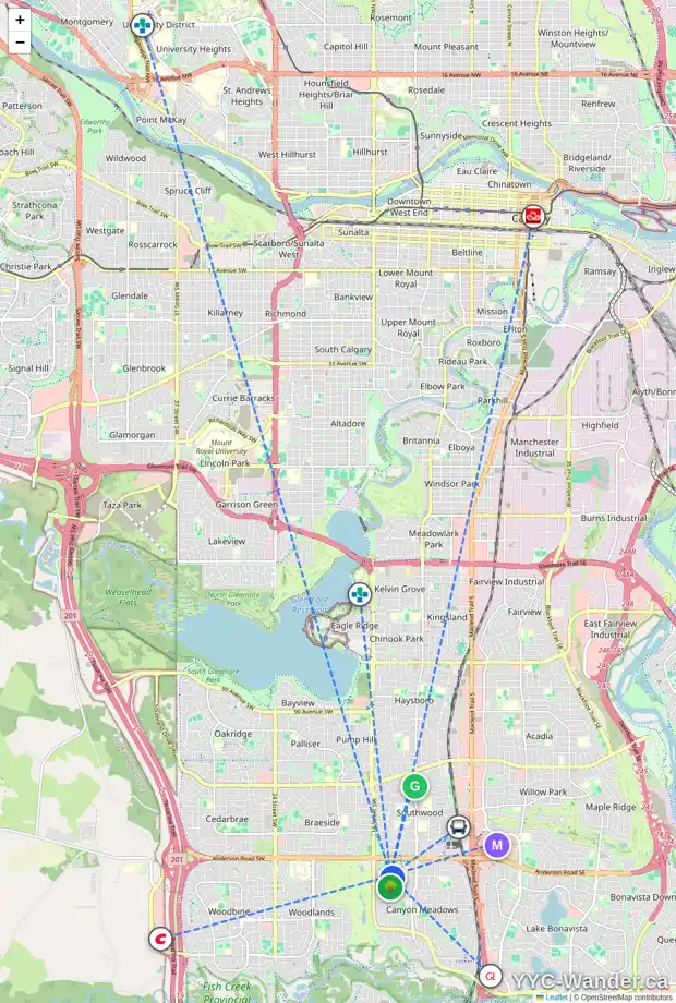 Daily accessibility map for 84 CANOVA RD SW, Calgary showing nearby schools, grocery stores, parks, LRT stations and nearby amenities