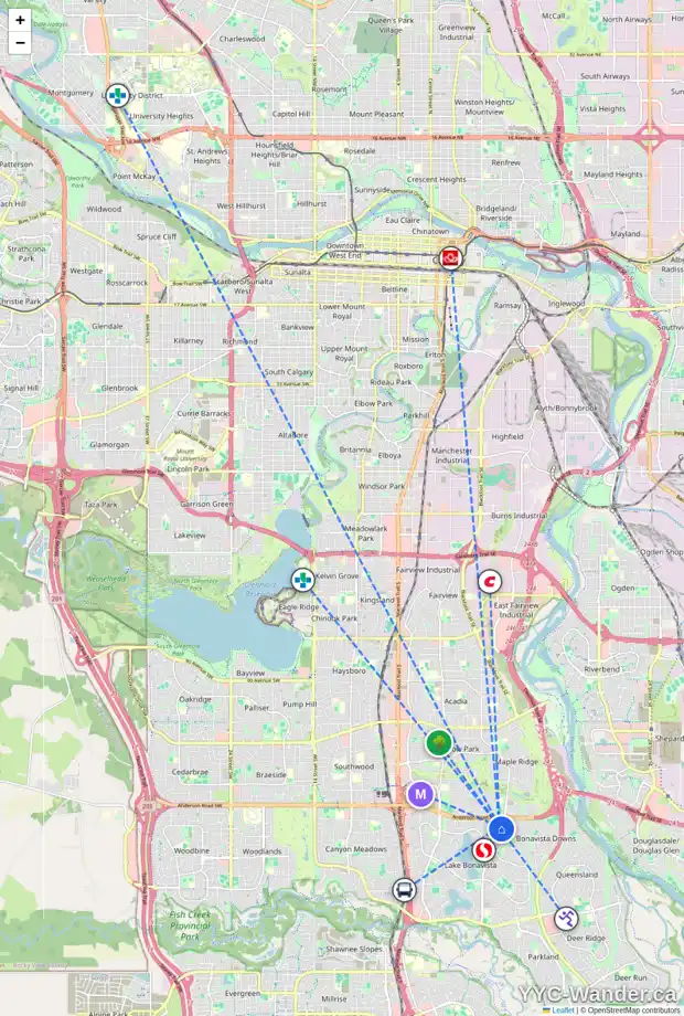 Daily accessibility map for 104 LAKE EMERALD RD SE, Calgary showing nearby schools, grocery stores, parks, LRT stations and nearby amenities
