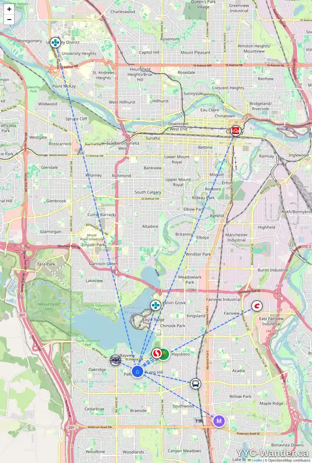 Daily accessibility map for 2019 PALISPRIOR RD SW, Calgary showing nearby schools, grocery stores, parks, LRT stations and nearby amenities