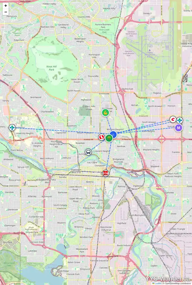Daily accessibility map for 2014 5 ST NE, Calgary showing nearby schools, grocery stores, parks, LRT stations and nearby amenities