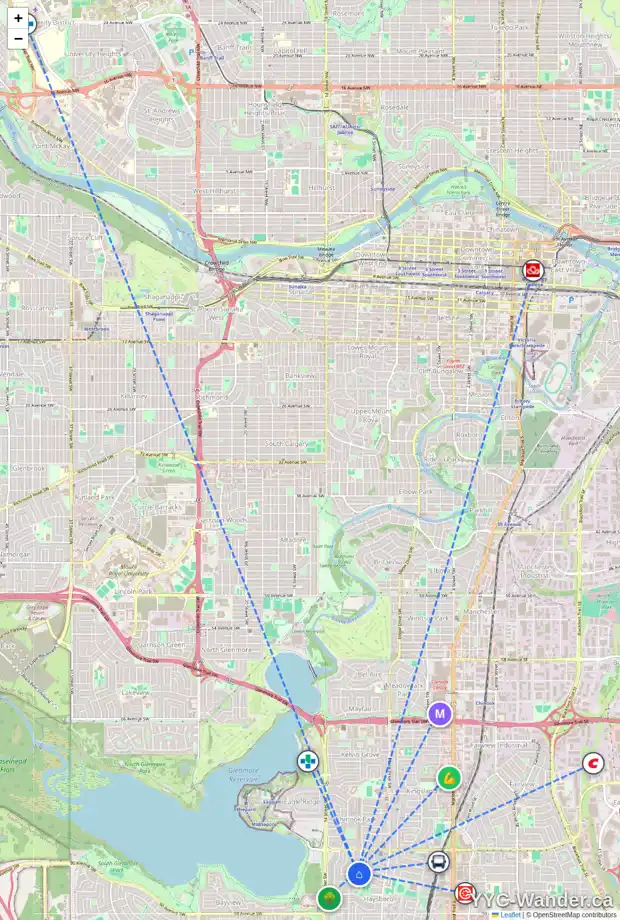 Daily accessibility map for 8704 11 ST SW, Calgary showing nearby schools, grocery stores, parks, LRT stations and nearby amenities