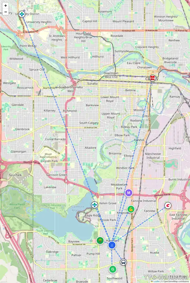 Daily accessibility map for 22 HILLARY CR SW, Calgary showing nearby schools, grocery stores, parks, LRT stations and nearby amenities