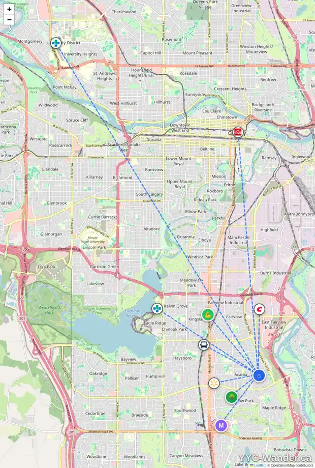 Daily accessibility map for 720 94 AV SE, Calgary showing nearby schools, grocery stores, parks, LRT stations and nearby amenities