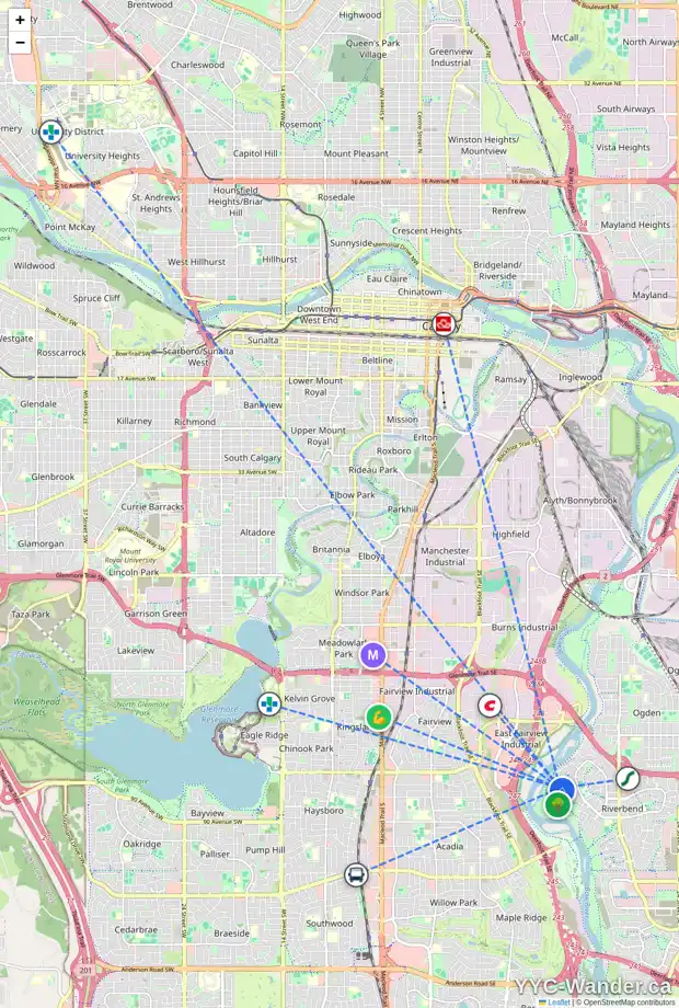 Daily accessibility map for 95 RIVERSIDE CL SE, Calgary showing nearby schools, grocery stores, parks, LRT stations and nearby amenities
