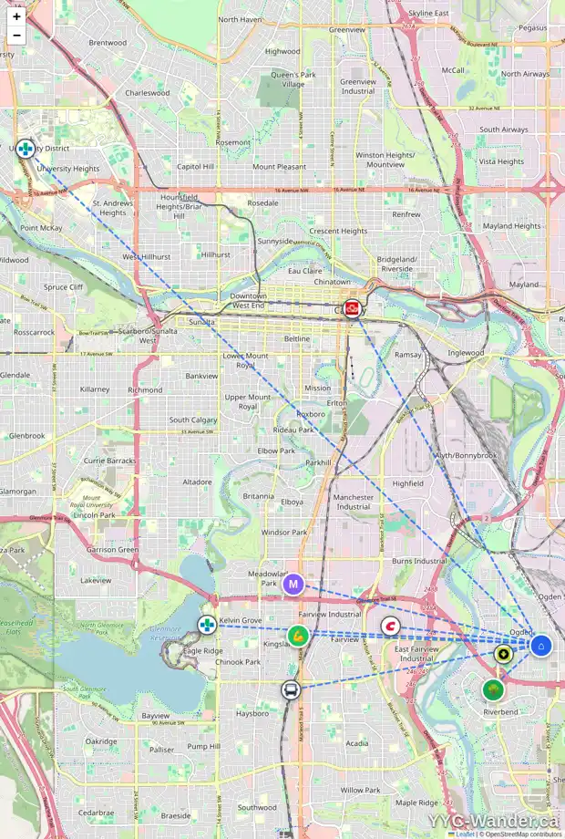 Daily accessibility map for 7410 22A ST SE, Calgary showing nearby schools, grocery stores, parks, LRT stations and nearby amenities
