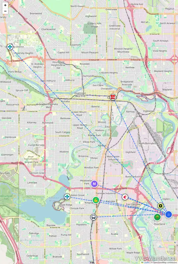 Daily accessibility map for 1908 OLYMPIA DR SE, Calgary showing nearby schools, grocery stores, parks, LRT stations and nearby amenities