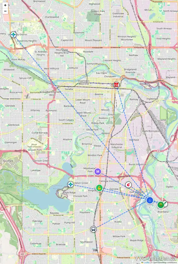 Daily accessibility map for 201 RIVERSIDE CI SE, Calgary showing nearby schools, grocery stores, parks, LRT stations and nearby amenities